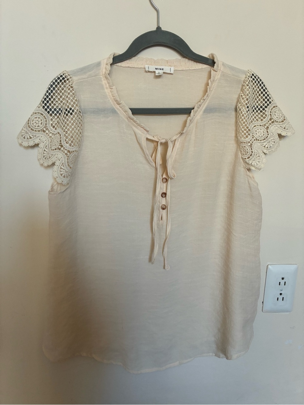 MINE Cream Crochet Sleeve Tie-Front Blouse